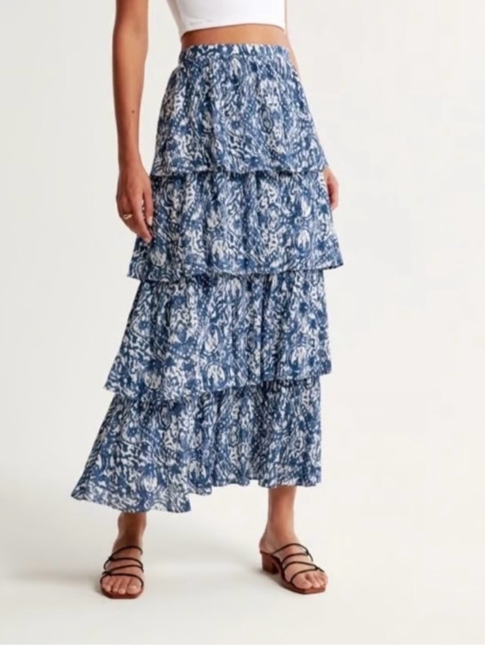 Abercrombie & Fitch XL Tiered Maxi Skirt Indigo Ikat Festival Boho Peasant